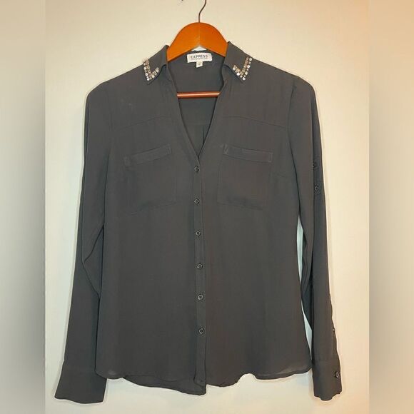 Express Black Portofino shirt with Jeweled collar Size XS - Picture 7 of 10